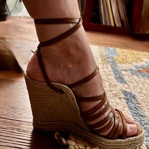 YSL Designer Leather Strappy Wedge Espadrilles Sandals 5" High - Size 39 Euro